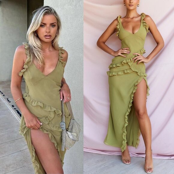 House of CB Pixie Maxi Dress Olive Green Ruffle Plunge Neck Size L+/XL House of CB Pixie Maxi Dress Olive Green Ruffle Plunge Neck Size L+/XL